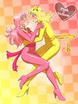  blonde_hair blue_eyes blush bodysuit choker closed_eyes earrings fukusuke_hachi-gou high_heels highres imminent_kiss jewelry long_hair multiple_girls original pink pink_bodysuit pink_hair shoes skin_tight yellow yellow_bodysuit yuri 