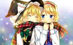  ^_^ absurdres alice_margatroid blonde_hair blue_eyes blush braid capelet closed_eyes hairband hanabana_tsubomi hat highres jitome kirisame_marisa multiple_girls plaid plaid_scarf ribbon scarf shared_scarf smile touhou upper_body witch_hat 