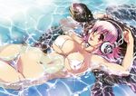  armpits bikini blush breasts cleavage headphones hisahiko huge_breasts lying navel nitroplus open_mouth partially_submerged pink_hair red_eyes side-tie_bikini super_sonico swimsuit turtle water 