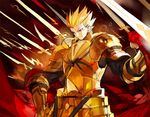  armor blonde_hair cloth earrings fate/stay_night fate_(series) gate_of_babylon gilgamesh jewelry male_focus red_eyes starshadowmagician sword weapon 