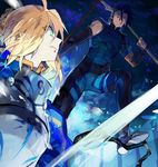  1girl ahoge armor artoria_pendragon_(all) battle black_hair blonde_hair dress duel fate/zero fate_(series) gae_buidhe gae_dearg green_eyes lamppost lancer_(fate/zero) mole mole_under_eye polearm saber spear starshadowmagician weapon yellow_eyes 