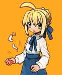  :o ahoge artoria_pendragon_(all) bad_id bad_pixiv_id blonde_hair blush dadami fate/stay_night fate_(series) green_eyes hair_bun hair_ribbon hungry long_sleeves open_mouth orange_background ribbon saber saliva simple_background skirt solo stomach_growling trembling 
