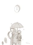  2boys armor berserker_(fate/zero) carrying comic fate/zero fate_(series) full_armor knight matou_kariya matou_sakura monochrome multiple_boys rain temae_(jcb) translated umbrella 