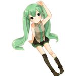  arm_up bad_id bad_pixiv_id green_eyes green_hair hatsune_miku long_hair mizutamako simple_background sitting skirt solo thighhighs thighhighs_pull twintails very_long_hair vocaloid 