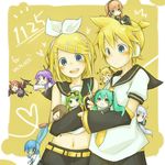  6+girls :&lt; =_= akita_neru blonde_hair blue_eyes blue_scarf blush blush_stickers border chibi crossover detached_sleeves goggles goggles_on_head green_hair gumi hair_ornament hair_ribbon hairclip hatsune_miku headphones heart hug kadokoa kagamine_len kagamine_rin kaito kamui_gakupo kasane_teto katana long_hair looking_at_viewer megurine_luka meiko midriff miniboy minigirl multiple_boys multiple_girls navel open_mouth peeking_out ribbon sailor scarf short_hair shy smile spring_onion sword twintails utau vocaloid weapon wings yowane_haku 