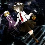  blonde_hair brown_eyes brown_hair dress dutch_angle ghostly_field_club hat highres lantern looking_back maribel_hearn multiple_girls necktie pleated_skirt skirt smile socks star_(sky) touhou usami_renko yonago 