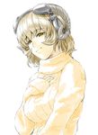  bad_id bad_pixiv_id brown_hair face hand_on_own_chest headphones horns original ribbed_sweater shiba_itsuki short_hair simple_background sleeves_past_wrists smile solo sweater white_background yellow_eyes 