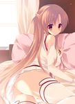  ass asuna_(sao) bad_id bad_pixiv_id bare_shoulders bed blush braid breasts brown_hair curtains elbow_gloves gloves half_updo long_hair looking_back lying medium_breasts mitsu_king no_panties pillow pleated_skirt skirt solo sword_art_online thighhighs thighs very_long_hair white_legwear window 