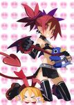  &gt;_&lt; bat_wings blonde_hair choker closed_eyes demon_girl demon_tail disgaea earrings elbow_gloves etna fang flat_chest flonne flonne_(fallen_angel) gloves grin harada_takehito jewelry kneeling multiple_girls navel official_art pointy_ears prinny red_eyes red_hair skirt smile tail thighhighs twintails wings 