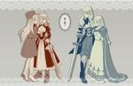  agrias_oaks ahoge armor armored_dress artoria_pendragon_(all) bad_id bad_pixiv_id blonde_hair blue_eyes boots braid breasts cape cleavage cloak coat crossover dress eiji_(europe) excalibur eye_contact fate/zero fate_(series) final_fantasy final_fantasy_tactics gloves gown hand_on_shoulder hat holding_hands irisviel_von_einzbern knight long_hair look-alike looking_at_another medium_breasts multiple_girls muted_color ovelia_atkascha partially_colored princess puffy_sleeves red_eyes saber single_braid sword thigh_boots thighhighs trait_connection weapon white_hair 