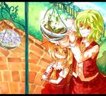  arms_up ascot bad_id bad_pixiv_id blonde_hair fence flandre_scarlet flower_pot green_hair kazami_yuuka kotarou_(rakugaki_shirushi) letterboxed multiple_girls parasol plaid plaid_skirt plaid_vest plant potted_plant red_eyes shirt short_hair side_ponytail skirt skirt_set smile touhou umbrella vest wrist_cuffs 