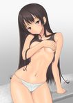  black_eyes black_hair breasts contrapposto covering covering_breasts cowboy_shot head_tilt long_hair looking_at_viewer muffin_(sirumeria) navel open_mouth original panties shiny shiny_skin small_breasts solo standing underwear white_panties 