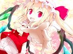  ascot bad_id bad_pixiv_id blonde_hair fang flandre_scarlet foreshortening hands hat hat_ribbon oouso open_mouth outstretched_hand red_eyes ribbon shirt side_ponytail skirt skirt_set slit_pupils smile solo touhou vest wings 
