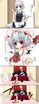  2girls apron bat_wings blood blue_eyes blue_hair braid child comic dress highres ichiru_(yuzu-an) izayoi_sakuya multiple_girls nosebleed red_eyes remilia_scarlet spoken_ellipsis touhou translated twin_braids wings 