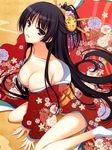  absurdres bare_shoulders black_hair breasts cleavage collarbone copyright_request downblouse february floral_print hexagon highres january japanese_clothes kimono large_breasts long_hair new_year off_shoulder original shippou_(pattern) sitting solo tomose_shunsaku very_long_hair wariza 