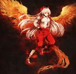  adapted_costume bird bow breasts clona fiery_wings fire fujiwara_no_mokou hair_bow highres long_hair no_bra open_clothes open_shirt pants phoenix red_eyes shirt silver_hair small_breasts solo touhou wings 