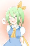  closed_eyes daiyousei dress green_hair hair_ribbon heart kuromu_(underporno) open_mouth ribbon short_hair side_ponytail smile solo touhou wings 