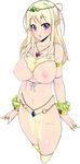  areolae blonde_hair bracelet breastless_clothes breasts circlet earrings elf front-tie_top highres jewelry large_breasts loincloth looking_at_viewer necklace nikunikumanman nipples o-ring o-ring_bottom open_mouth original pendant pointy_ears purple_eyes ring see-through shiny shiny_skin simple_background smile solo white_background 