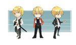  bad_id bad_pixiv_id bakumatsu_rouman blonde_hair chibi chitoko_(krc2) color_connection crossover fatal_fury fate/stay_night fate_(series) gilgamesh hair_color_connection jacket kaede_(bakumatsu_rouman) look-alike male_focus mark_of_the_wolves multiple_boys multiple_crossover one_eye_closed red_eyes red_jacket rock_howard sheath sheathed snk vest 
