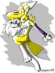  blue_eyes breasts canine claws digimon facial_markings female fox fur gloves mammal markings naturally_censored navel neck_ruff reagan700 renamon solo tail white white_fur yellow yellow_fur 