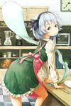  apron arm_support blender checkered checkered_floor contemporary food ghost grey_eyes highres hitodama kitchen konpaku_youmu konpaku_youmu_(ghost) leaning_forward mochi same_2009 short_hair silver_hair smile solo television touhou wagashi 