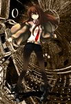  akenoin_soumon ankle_boots boots brown_hair jacket legwear_under_shorts long_hair makise_kurisu necktie pantyhose purple_eyes red_neckwear shorts solo steins;gate 