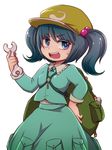 backpack bag blue_eyes blue_hair hair_bobbles hair_ornament hat kawashiro_nitori kty_(04) open_mouth pocket shirt skirt skirt_set smile solo touhou two_side_up wrench 