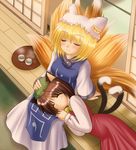  animal_ears blonde_hair brown_hair cat_ears cat_tail chen closed_eyes cup dress fox_tail fusuma hand_on_another's_head hat kagura_chitose lap_pillow light_smile multiple_girls multiple_tails porch red_dress short_hair sitting sleeping sliding_doors smile surcoat tabard tail touhou veranda yakumo_ran 