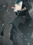  black_eyes black_hair cigarette emiya_kiritsugu fate/zero fate_(series) highres long_coat looking_up male_focus necktie noise2046 profile snowing solo sweat 