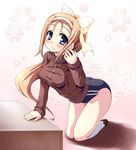  blue_eyes blush hairband long_hair lucky_star minegishi_ayano orange_hair ribbon sweater very_long_hair white_legwear 