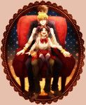  2boys black_hair blonde_hair blue_eyes blush brown_eyes brown_hair chair child fate/stay_night fate/zero fate_(series) gilgamesh kotomine_kirei long_hair looking_up multiple_boys open_mouth red_eyes short_hair sitting sitting_on_lap sitting_on_person smile thighhighs toosaka_rin tsubakiya twintails zettai_ryouiki 