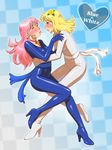  blonde_hair blue blue_bodysuit blue_eyes blush bodysuit choker closed_eyes earrings fukusuke_hachi-gou high_heels highres imminent_kiss jewelry long_hair multiple_girls original pink_hair shoes skin_tight white white_bodysuit yuri 