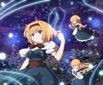  alice_margatroid apron blonde_hair blue_dress blue_eyes bow capelet doll dress hair_bow hairband highres lance meracle polearm sash serious shanghai_doll short_hair smile solo string touhou weapon 