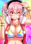  bikini blush bracelet breasts cleavage front-tie_top grin headphones jewelry large_breasts looking_at_viewer midriff navel necklace nitroplus one_eye_closed orange_eyes pendant pink_hair roki_(hirokix) salute shiny shiny_skin smile solo super_sonico swimsuit twintails underboob 