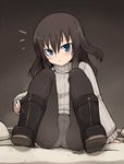  black_hair black_legwear blue_eyes blush boots crotch_seam elizabeth_f_beurling fat_mons labia long_hair looking_at_viewer no_pants null_(nyanpyoun) panties panties_under_pantyhose pantyhose ribbed_sweater sitting solo sweater underwear white_panties world_witches_series younger 