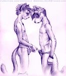  anthro canine clothed clothing comparing comparing_penis duo erection feline gay grrrwolf half-dressed jockstrap male mammal monochrome penis purple purple_and_white sketch topless underwear young 