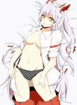  bad_hands bed_sheet black_panties bow breasts dress_shirt fujiwara_no_mokou groin hair_bow hair_ribbon highres koenza_botoke long_hair looking_at_viewer lying medium_breasts navel no_bra on_back on_bed open_clothes open_mouth open_shirt panties pants_down ribbon shirt silver_hair sleeves_rolled_up solo touhou underwear wavy_mouth white_background yellow_eyes 