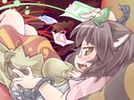  alcohol animal_ears blush bottle breasts brown_eyes brown_hair dress fang futatsuiwa_mamizou glasses highres leaf leaf_on_head medium_breasts nyagakiya open_mouth paper pince-nez raccoon_ears raccoon_tail ribbon sake short_hair smile solo tail touhou 