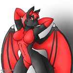  black black_fur breasts canine countershading dragon female fur gradient_background hair hands_behind_head hybrid mammal markings navel pose reagan700 red red_countershading red_eyes red_hair red_markings solo tail unknown_species wings wolf 