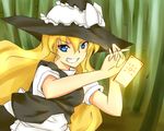  apron bad_id bad_pixiv_id bamboo bamboo_forest blonde_hair blue_eyes bow braid cheungchz forest grin hand_on_headwear hat kirisame_marisa long_hair looking_at_viewer nature short_sleeves smile solo spell_card touhou trigram vest witch_hat 