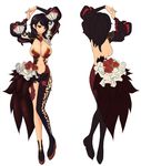  arms_up asymmetrical_clothes bad_id bad_pixiv_id black_hair bracelet breasts character_sheet cherinova cleavage flat_color flower hands_clasped jewelry large_breasts long_hair long_sleeves multiple_views navel original own_hands_together red_eyes sideboob simple_background turnaround 