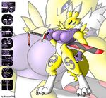  blue_eyes bottomless breasts canine claws clothing digimon facial_markings female fox fur gloves mammal markigns markings reagan700 renamon shirt solo sword weapon yellow yellow_fur zoom_layer 