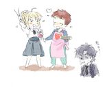  2boys ahoge apron black_hair blonde_hair chopsticks cigarette couple emiya_kiritsugu emiya_shirou fate/stay_night fate/zero fate_(series) frying_pan green_eyes heart multiple_boys necktie red_hair ri_(6916) ribbon rice saber skirt spatula tie 