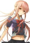  bow collarbone gasai_yuno hijiri_ruka light_smile long_hair midriff mirai_nikki navel pink_eyes pink_hair school_uniform simple_background solo twintails white_background 