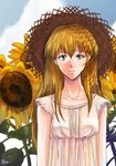  blonde_hair blue_eyes dress flower gino0808 hat highres long_hair neon_genesis_evangelion signature solo souryuu_asuka_langley straw_hat sundress sunflower 