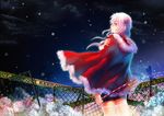  bad_id bad_pixiv_id building candy candy_cane caution_tape christmas fence flower food from_behind fur guilty_crown hair_ornament hairclip holding holding_candy_cane hood keep_out looking_back merry_christmas night night_sky pink_hair red_eyes santa_costume signature sky snow solo stells thighhighs yuzuriha_inori 