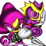  bracelet brown_eyes chameleon crossover espio_the_chameleon grin iloveknucklesshadow jewelry kecleon kunai male nintendo plain_background pok&#233;mon pok&eacute;mon scalie sega sonic_(series) tail video_games white_background yellow yellow_eyes 