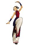  baggy_pants bell black_hair braid china_dress chinese_clothes dress fatal_fury fighting_stance grin hair_bell hair_ornament hair_rings kung_fu li_xiangfei nona official_art pants sash slippers smile standing standing_on_one_leg the_king_of_fighters the_king_of_fighters_2001 toned twin_braids vambraces 
