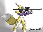  angry blue_eyes canine claws digimon facial_markings female fox fur gloves gradient_background gun mammal markings naturally_censored ranged_weapon reagan700 renamon rifle sniper_rifle solo tail weapon yellow yellow_fur 