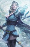  blonde_hair blue_eyes breasts cape cleavage defense_of_the_ancients dota_2 dress fur_trim glowing highres hood large_breasts long_hair outstretched_arm rylai_crestfall snow solo staff stanley_lau thighhighs 